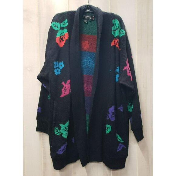 Vintage JJ BROWNE Long Cardigan Sweater Floral, Sz M, 80s 90s Flower Valley Girl - Picture 1 of 8